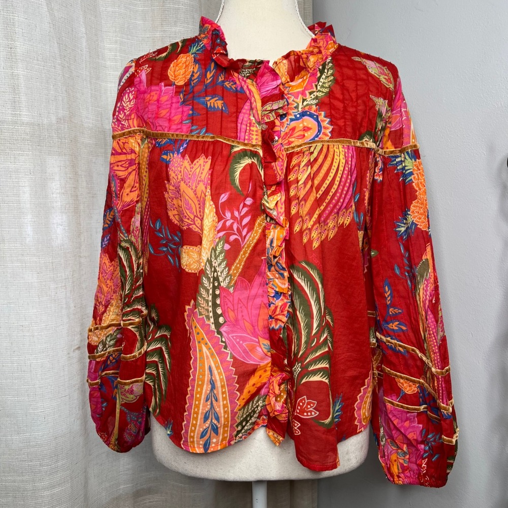 Farm Rio Mystic Bush Buttoned Blouse Ruffles Tropical Parrot Red Pink Women's XS